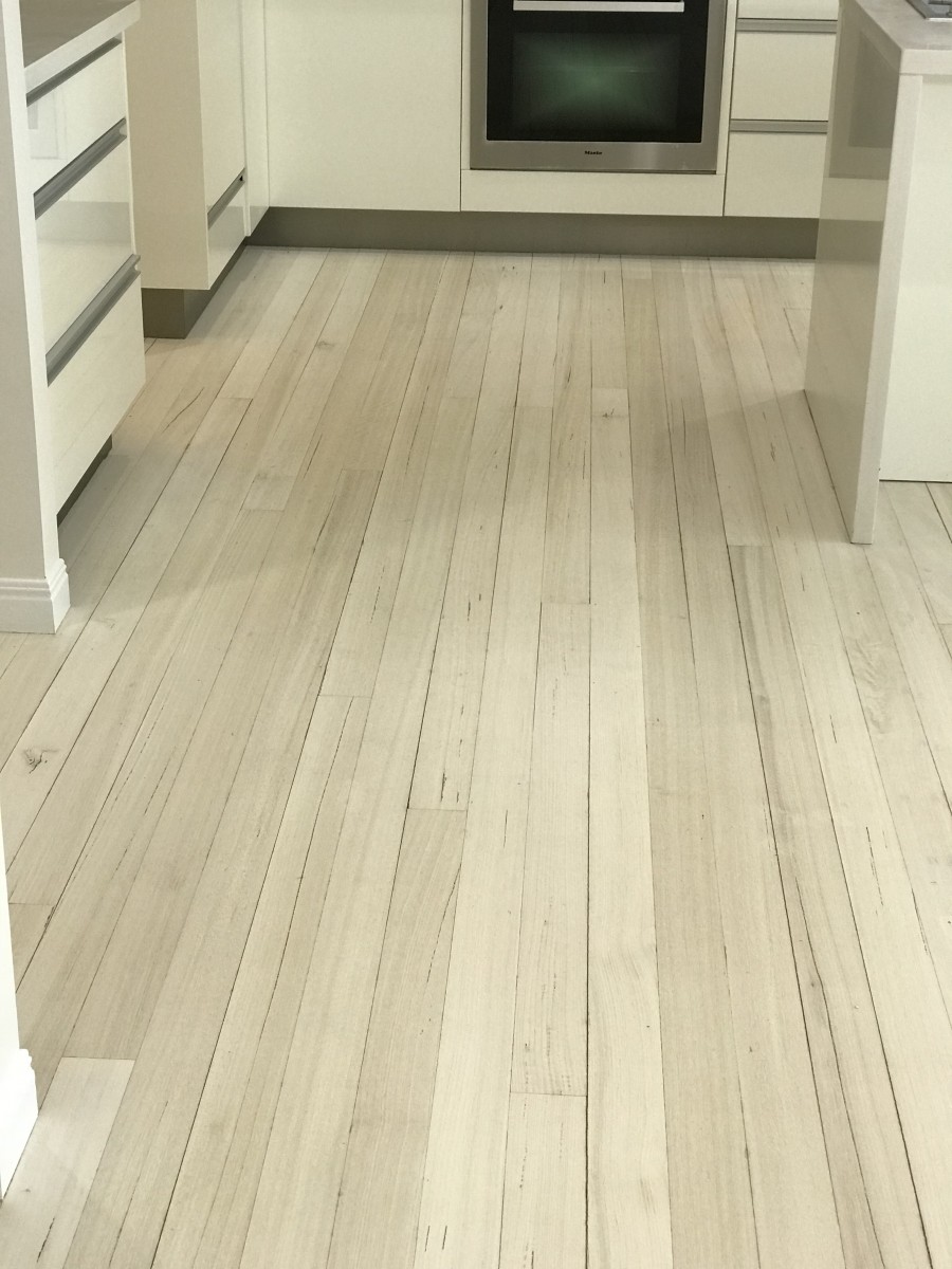 Tassie Oak bleached floorboards in kitchen, dining area.